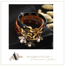 Load image into Gallery viewer, Bee Pendant Charms Bracelet &amp; Bangle Style Brown Leather Metal Button
