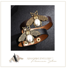 Load image into Gallery viewer, Bee Pendant Charms Bracelet &amp; Bangle Style Brown Leather Metal Button
