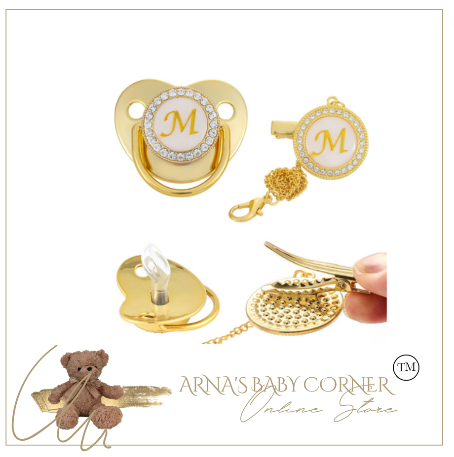 Gold Baby Pacifier & Clip - Alphabet Letter Infant Pacifier Unique