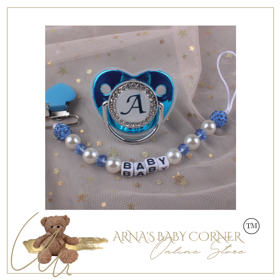 Blue Metallic Baby Pacifier & Clip - Alphabet Letter Infant Pacifier Unique