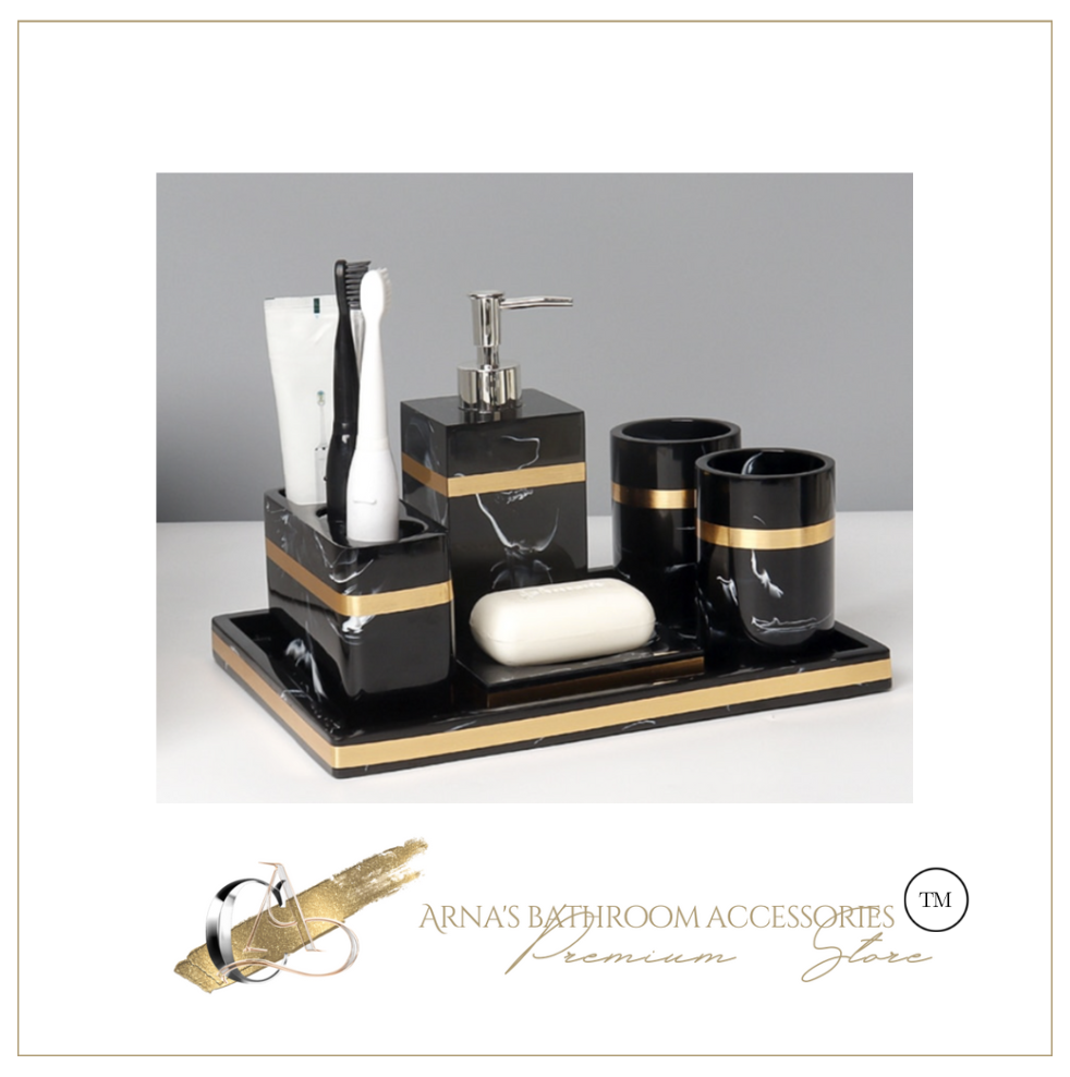Black & Gold Bathroom Set - 7 piece   (Resin - Top Quality)