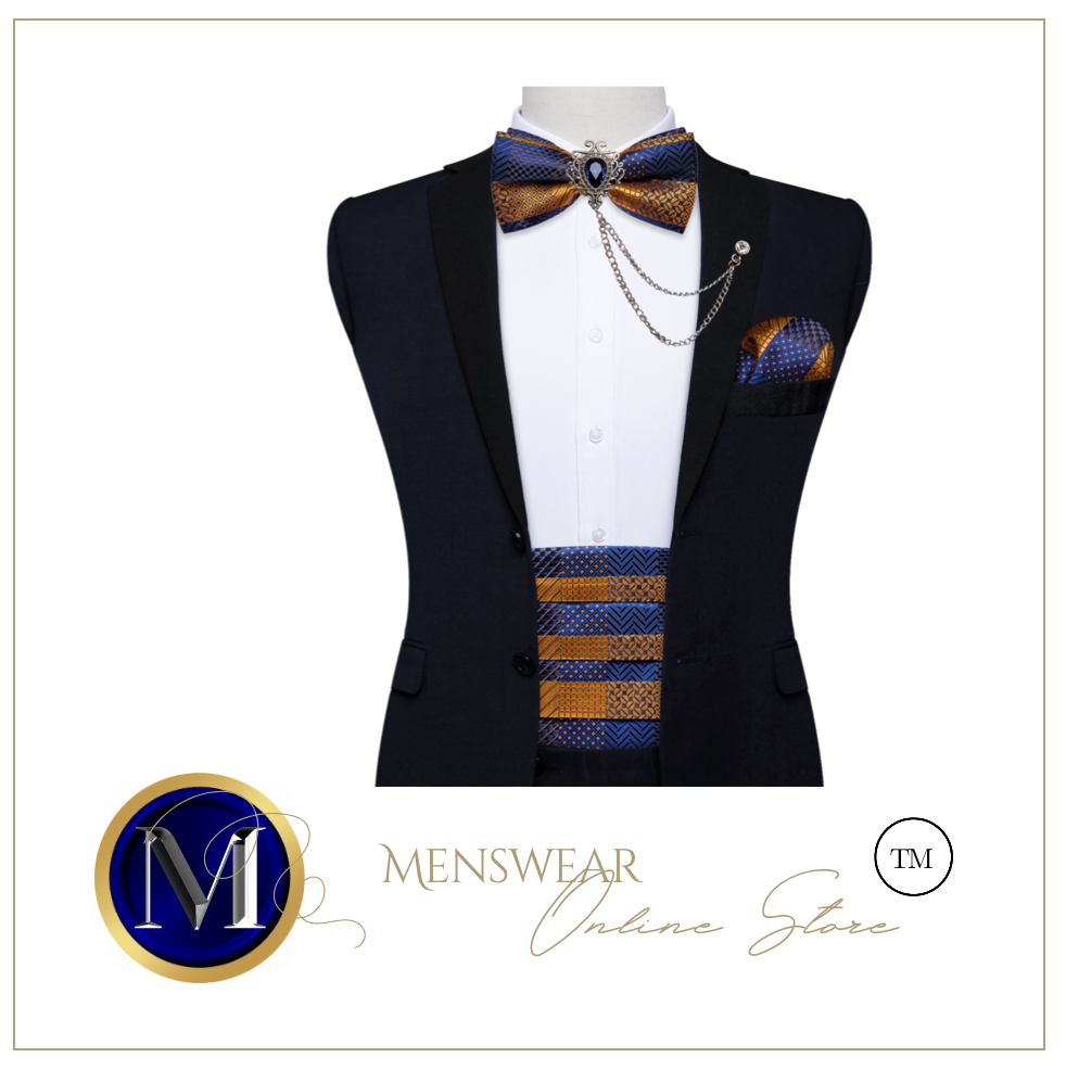 Men's Tuxedo Cummerbund Silk Bow Tie Handkerchief Brooch Chain Set - Gift Boxed