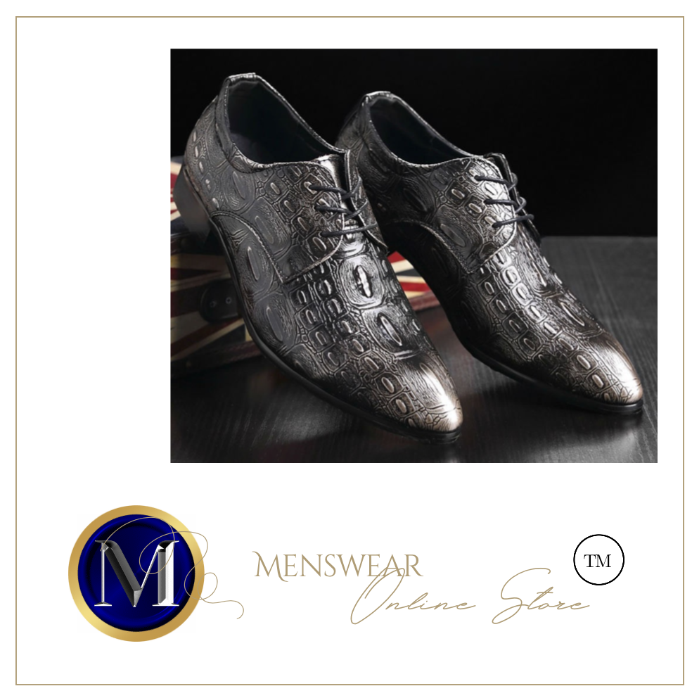 Mens Leather Carved Business Pointed Toe Shoes - Silver or Burgundy