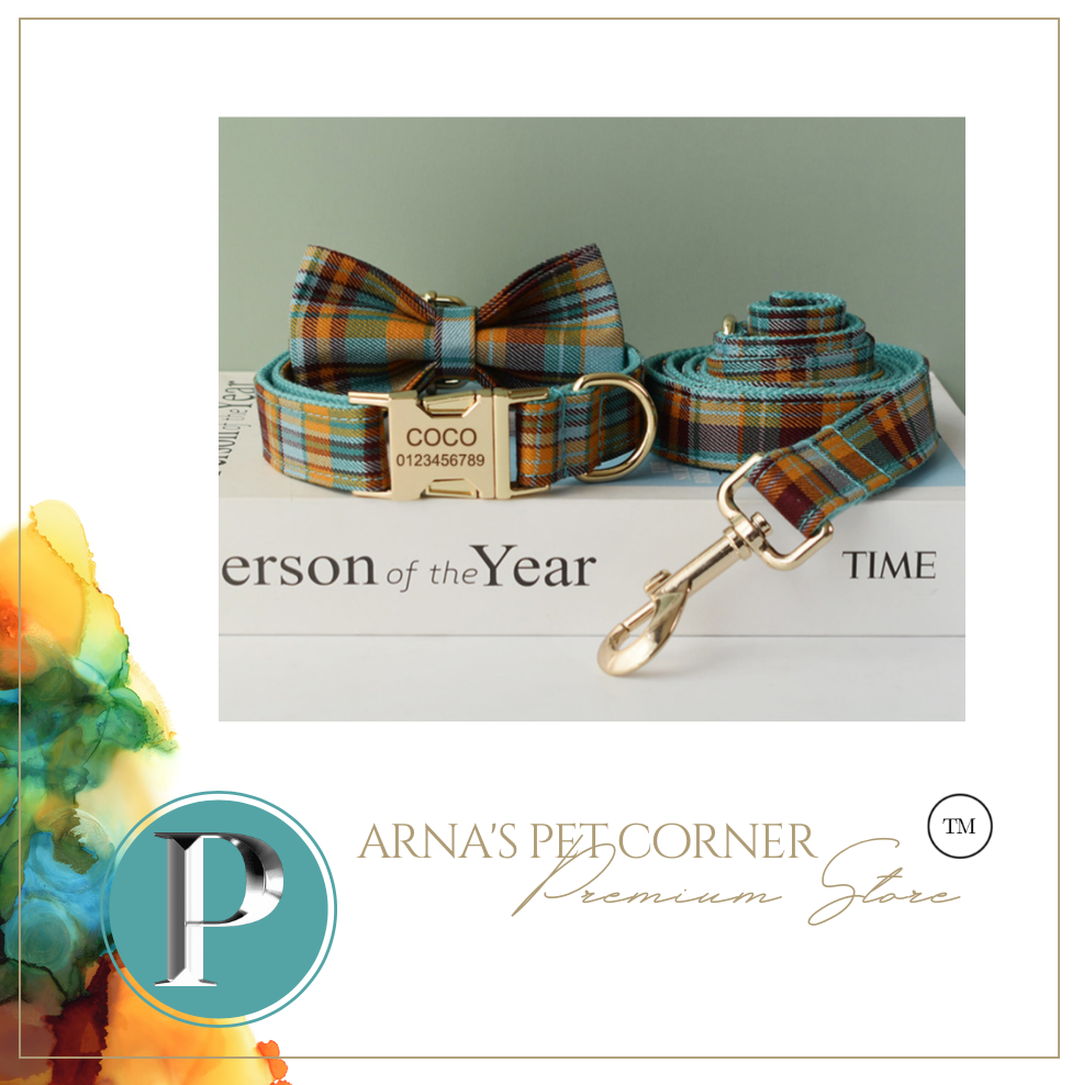 Luxury Pet Leash Engraved Name ID Tag + Collar + Bow - Free Engraving Personalise (all Sizes)