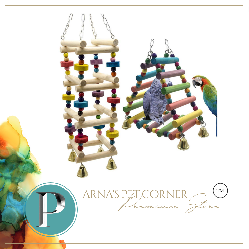 Parrot Hanging Wooden Rainbow Climbing Ladder Toy With Bells, Bird Cage Accessories