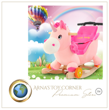 Load image into Gallery viewer, Child Rocking Horse/Chair, Plush/Solid Wood, Many Styles with Music and Safety Belt - Rocker or on Wheels with Handle to Push
