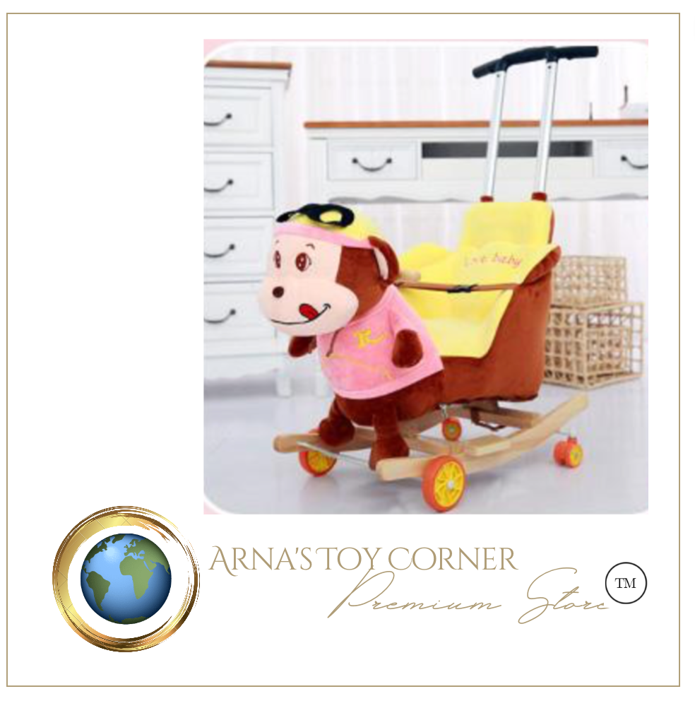 Child Rocking Horse/Chair, Plush/Solid Wood, Many Styles with Music and Safety Belt - Rocker or on Wheels with Handle to Push