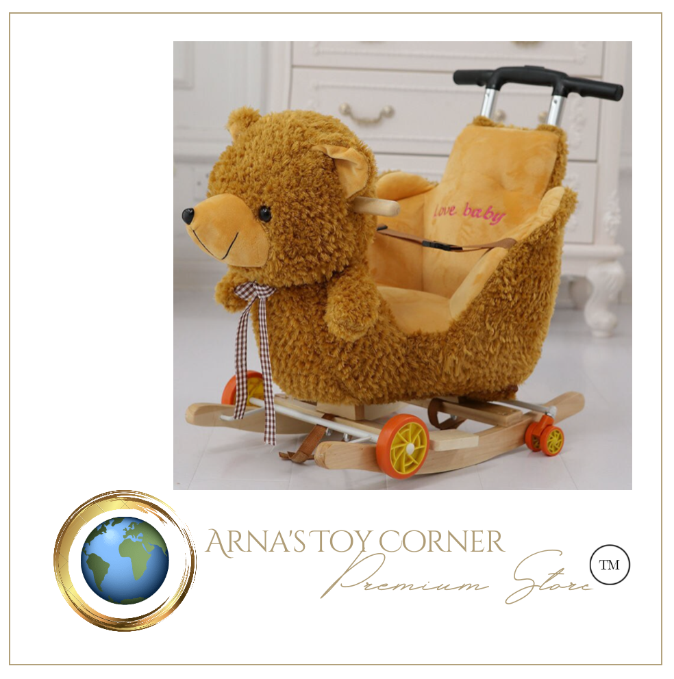 Child Rocking Horse/Chair, Plush/Solid Wood, Many Styles with Music and Safety Belt - Rocker or on Wheels with Handle to Push