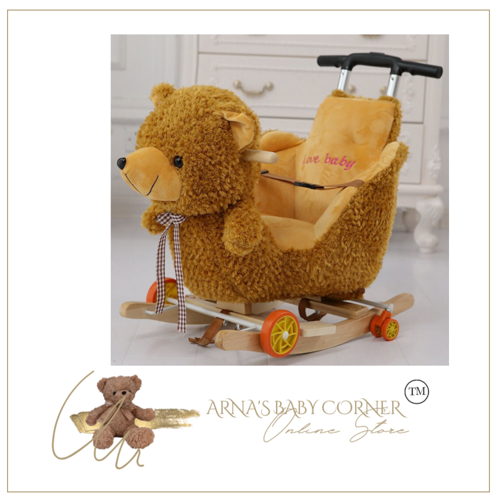 Child Rocking Horse/Chair, Plush/Solid Wood, Many Styles with Music and Safety Belt - Rocker or on Wheels with Handle to Push