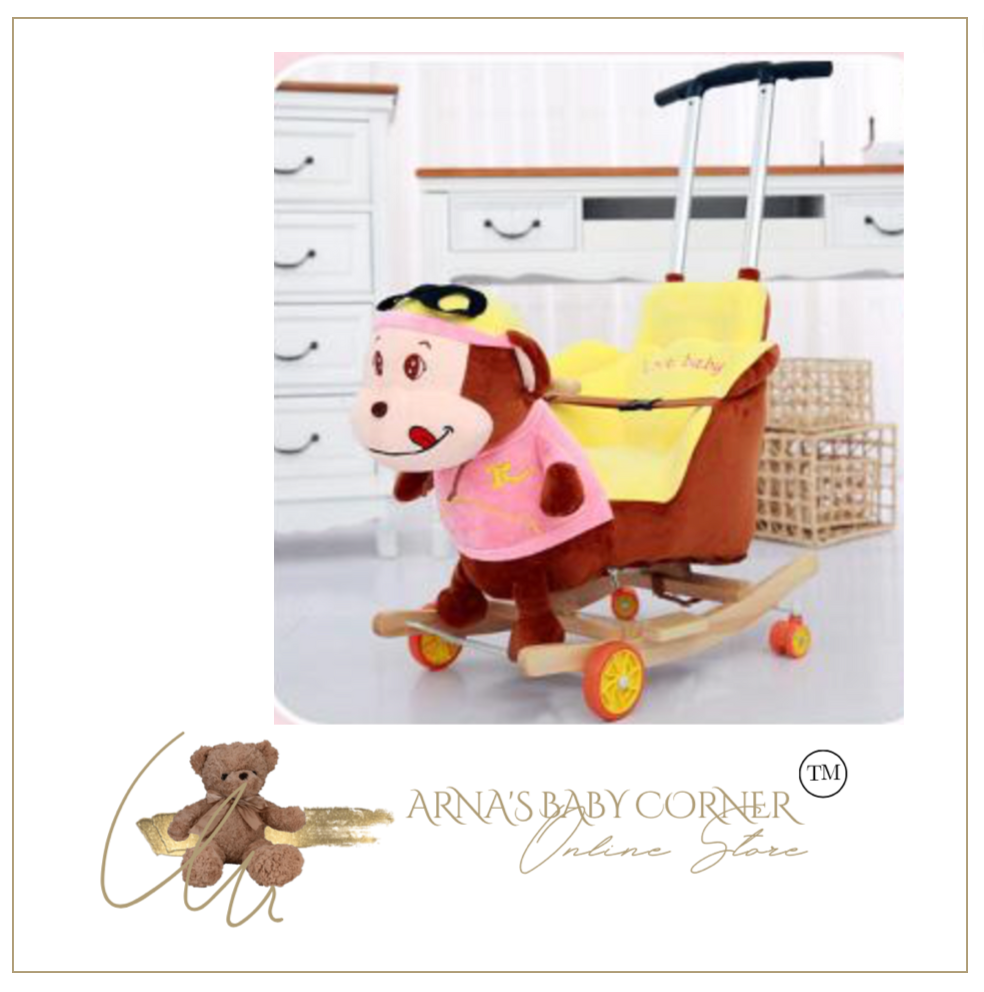 Child Rocking Horse/Chair, Plush/Solid Wood, Many Styles with Music and Safety Belt - Rocker or on Wheels with Handle to Push
