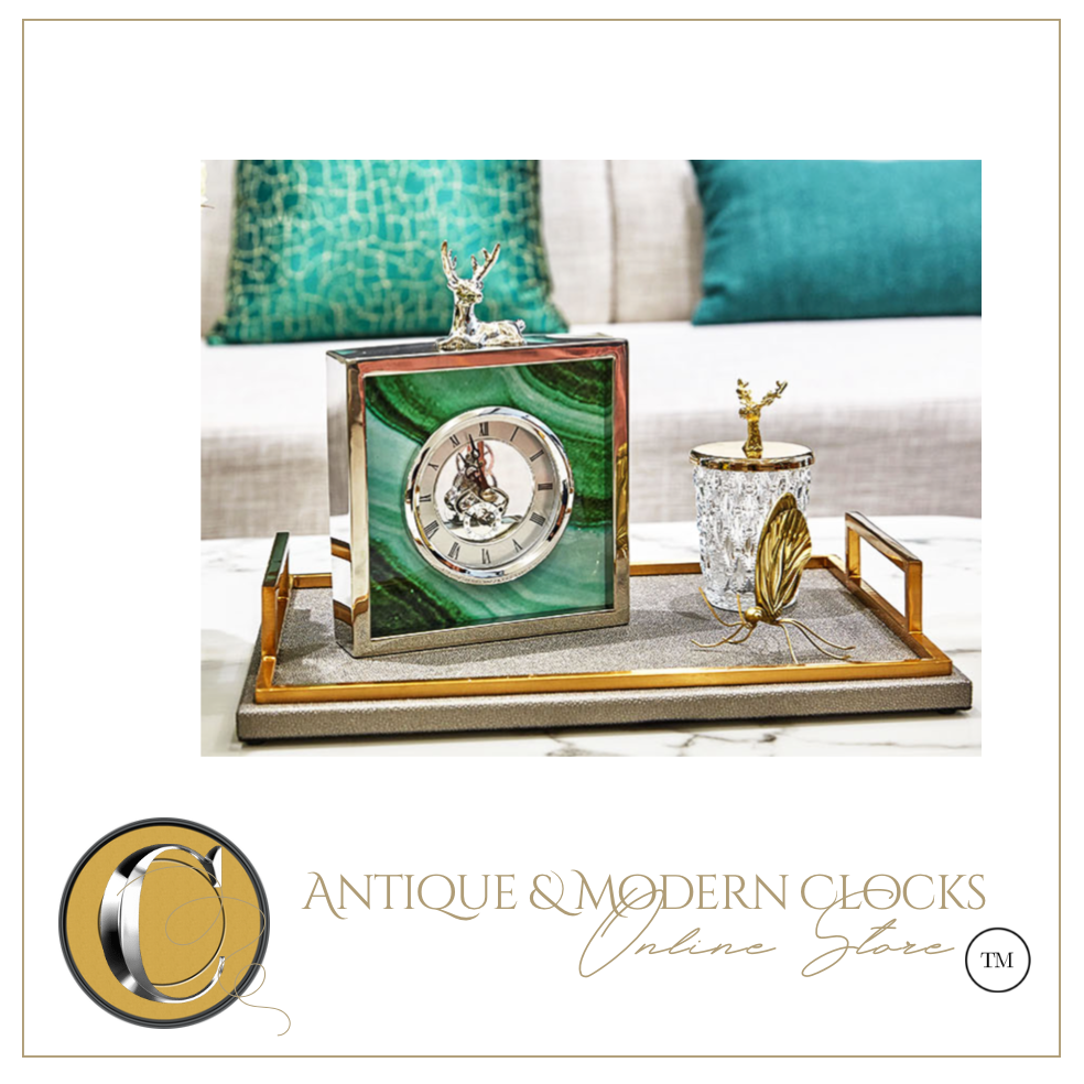 European Classical Silver Deer Table Clock Creativity Silver Iron Frame Marble Texture Vintage Clocks Office Desktop Ornaments