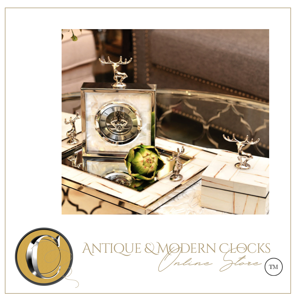 European Classical Silver Deer Table Clock Creativity Silver Iron Frame Marble Texture Vintage Clocks Office Desktop Ornaments