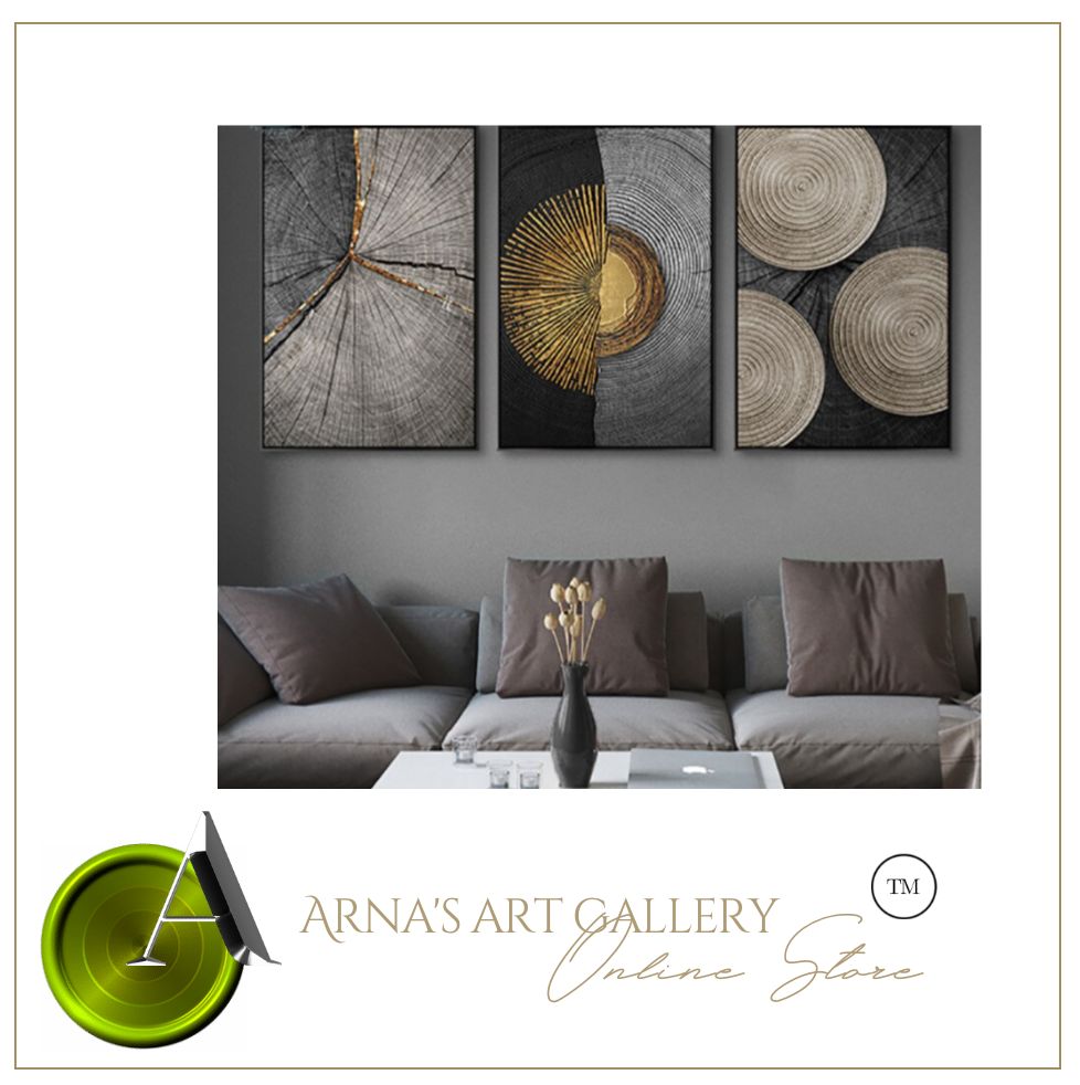 Arna's Luxury Painting Collection - Abstract Circle Stripes Moon Black Golden Print Canvas Painting