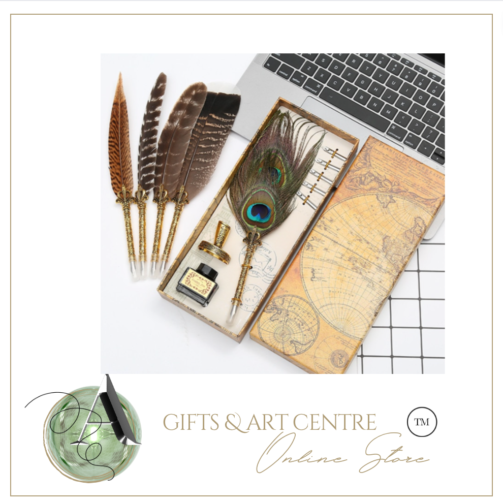 Natural Peacock Feather Dip Pen Boxed Set