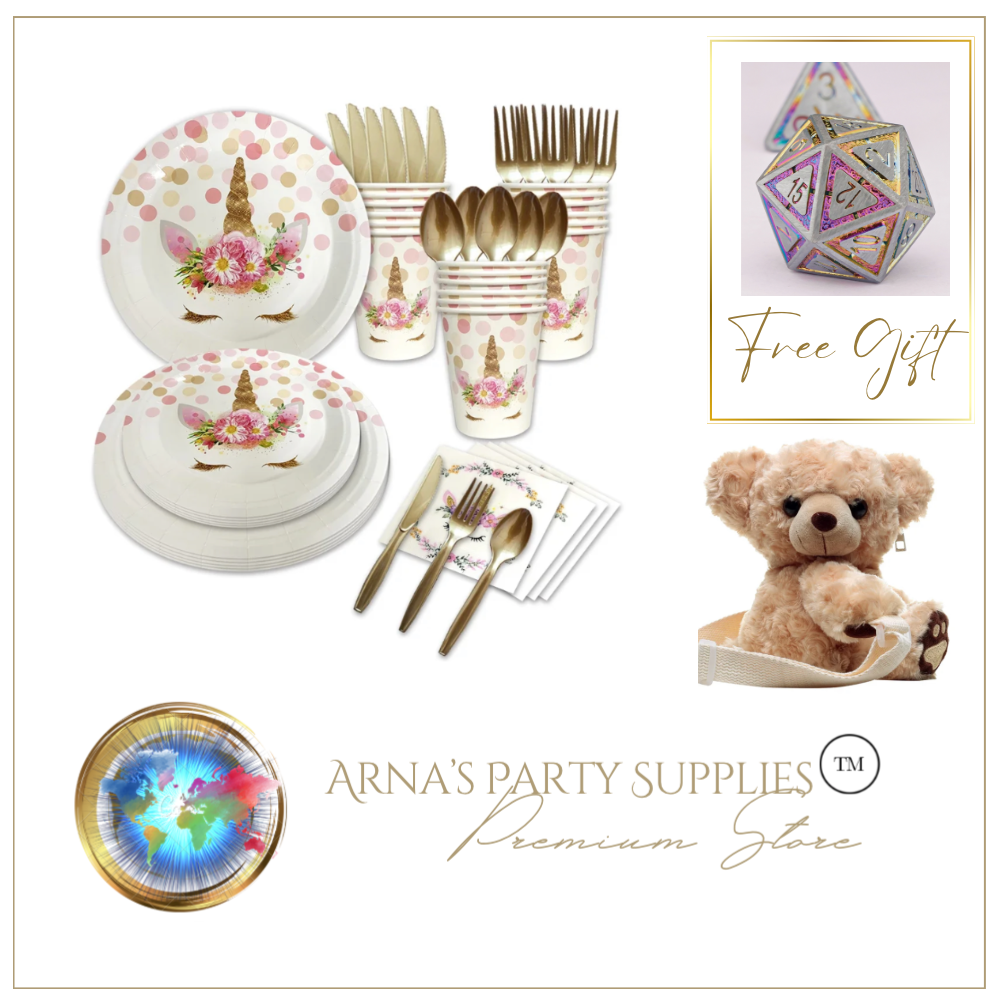 Unicorn Gold Edition Theme Birthday Party - 10 People Setting + Free Gifts