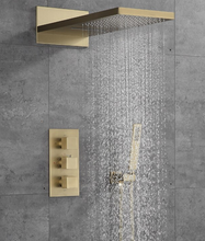 Load image into Gallery viewer, &quot;Arna&quot; Collection - Bath Shower Faucet Set Auto - Thermostat Control Brass Brushed Gold/Black In-Wall Shower Mixer Tap Hot &amp; Cold Hand held Shower
