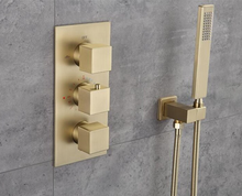 Load image into Gallery viewer, &quot;Arna&quot; Collection - Bath Shower Faucet Set Auto - Thermostat Control Brass Brushed Gold/Black In-Wall Shower Mixer Tap Hot &amp; Cold Hand held Shower
