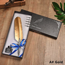 Load image into Gallery viewer, Gold Feather Pen Metal Fountain pen Inserted Ink Set Vintage Silver Feather Pen Student Office Supplies - Gift
