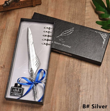 Load image into Gallery viewer, Gold Feather Pen Metal Fountain pen Inserted Ink Set Vintage Silver Feather Pen Student Office Supplies - Gift
