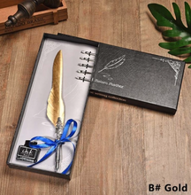 Load image into Gallery viewer, Gold Feather Pen Metal Fountain pen Inserted Ink Set Vintage Silver Feather Pen Student Office Supplies - Gift
