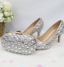 Load image into Gallery viewer, Limited Edition - Luxury Lace Shoe Set - Many colours &amp; Sizes (Shoe + Clutch) Silver Crystal Bride High heels ladies party dress shoes woman Round Toe

