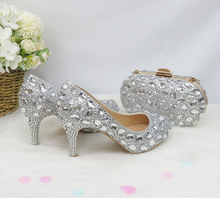 Load image into Gallery viewer, Limited Edition - Luxury Lace Shoe Set - Many colours &amp; Sizes (Shoe + Clutch) Silver Crystal Bride High heels ladies party dress shoes woman Round Toe
