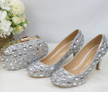 Load image into Gallery viewer, Limited Edition - Luxury Lace Shoe Set - Many colours &amp; Sizes (Shoe + Clutch) Silver Crystal Bride High heels ladies party dress shoes woman Round Toe
