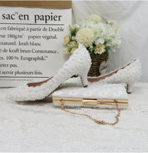 Load image into Gallery viewer, White Flower Wedding Shoes and Bags Sets Ladies Pointed Toe shoes Woman High Heel &amp; Matching Bag
