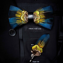 Load image into Gallery viewer, Luxury - Mens Natural Bird Feather Exquisite Hand Made Bow Tie Brooch Pin Gift Box Set
