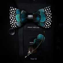 Load image into Gallery viewer, Luxury - Mens Natural Bird Feather Exquisite Hand Made Bow Tie Brooch Pin Gift Box Set
