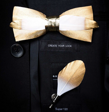 Load image into Gallery viewer, Luxury - Mens Natural Bird Feather Exquisite Hand Made Bow Tie Brooch Pin Gift Box Set
