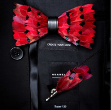 Load image into Gallery viewer, Luxury - Mens Natural Bird Feather Exquisite Hand Made Bow Tie Brooch Pin Gift Box Set
