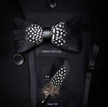 Load image into Gallery viewer, Luxury - Mens Natural Bird Feather Exquisite Hand Made Bow Tie Brooch Pin Gift Box Set
