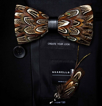Load image into Gallery viewer, Luxury - Mens Natural Bird Feather Exquisite Hand Made Bow Tie Brooch Pin Gift Box Set
