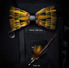 Load image into Gallery viewer, Luxury - Mens Natural Bird Feather Exquisite Hand Made Bow Tie Brooch Pin Gift Box Set
