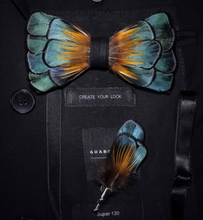 Load image into Gallery viewer, Luxury - Mens Natural Bird Feather Exquisite Hand Made Bow Tie Brooch Pin Gift Box Set

