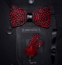 Load image into Gallery viewer, Luxury - Mens Natural Bird Feather Exquisite Hand Made Bow Tie Brooch Pin Gift Box Set
