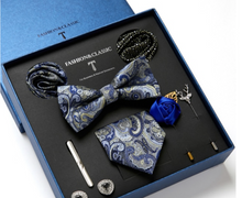 Load image into Gallery viewer, Luxury Mens Silk Bow Tie &amp; Clips Lapel Pin Cufflinks Set - Gift Boxed - Many Colours
