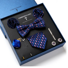 Load image into Gallery viewer, Luxury Mens Silk Bow Tie &amp; Clips Lapel Pin Cufflinks Set - Gift Boxed - Many Colours
