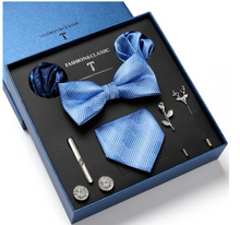 Load image into Gallery viewer, Luxury Mens Silk Bow Tie &amp; Clips Lapel Pin Cufflinks Set - Gift Boxed - Many Colours
