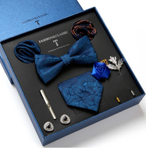 Load image into Gallery viewer, Luxury Mens Silk Bow Tie &amp; Clips Lapel Pin Cufflinks Set - Gift Boxed - Many Colours
