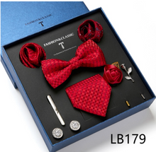 Load image into Gallery viewer, Luxury Mens Silk Bow Tie &amp; Clips Lapel Pin Cufflinks Set - Gift Boxed - Many Colours
