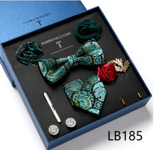 Load image into Gallery viewer, Luxury Mens Silk Bow Tie &amp; Clips Lapel Pin Cufflinks Set - Gift Boxed - Many Colours
