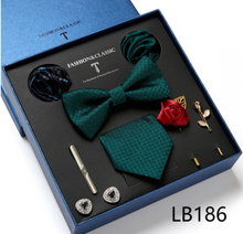 Load image into Gallery viewer, Luxury Mens Silk Bow Tie &amp; Clips Lapel Pin Cufflinks Set - Gift Boxed - Many Colours
