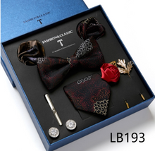 Load image into Gallery viewer, Luxury Mens Silk Bow Tie &amp; Clips Lapel Pin Cufflinks Set - Gift Boxed - Many Colours
