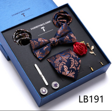 Load image into Gallery viewer, Luxury Mens Silk Bow Tie &amp; Clips Lapel Pin Cufflinks Set - Gift Boxed - Many Colours
