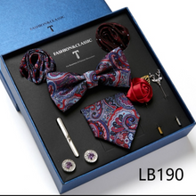Load image into Gallery viewer, Luxury Mens Silk Bow Tie &amp; Clips Lapel Pin Cufflinks Set - Gift Boxed - Many Colours

