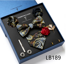 Load image into Gallery viewer, Luxury Mens Silk Bow Tie &amp; Clips Lapel Pin Cufflinks Set - Gift Boxed - Many Colours
