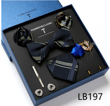 Load image into Gallery viewer, Luxury Mens Silk Bow Tie &amp; Clips Lapel Pin Cufflinks Set - Gift Boxed - Many Colours
