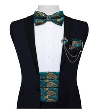 Load image into Gallery viewer, Men&#39;s Tuxedo Cummerbund Silk Bow Tie Handkerchief Brooch Chain Set - Gift Boxed
